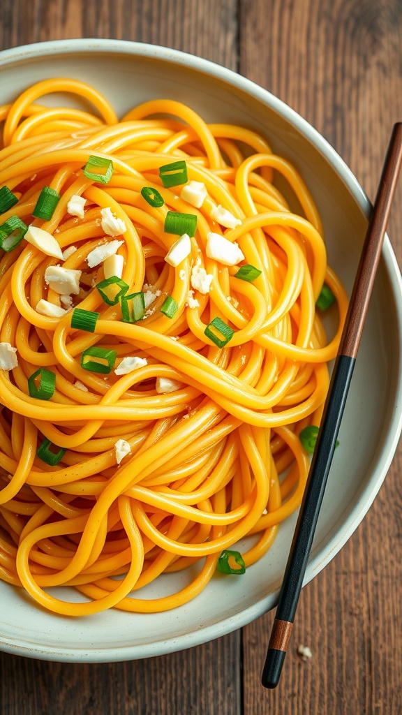 A plate of garlic butter noodles garnished with green onions and garlic, served with chopsticks.